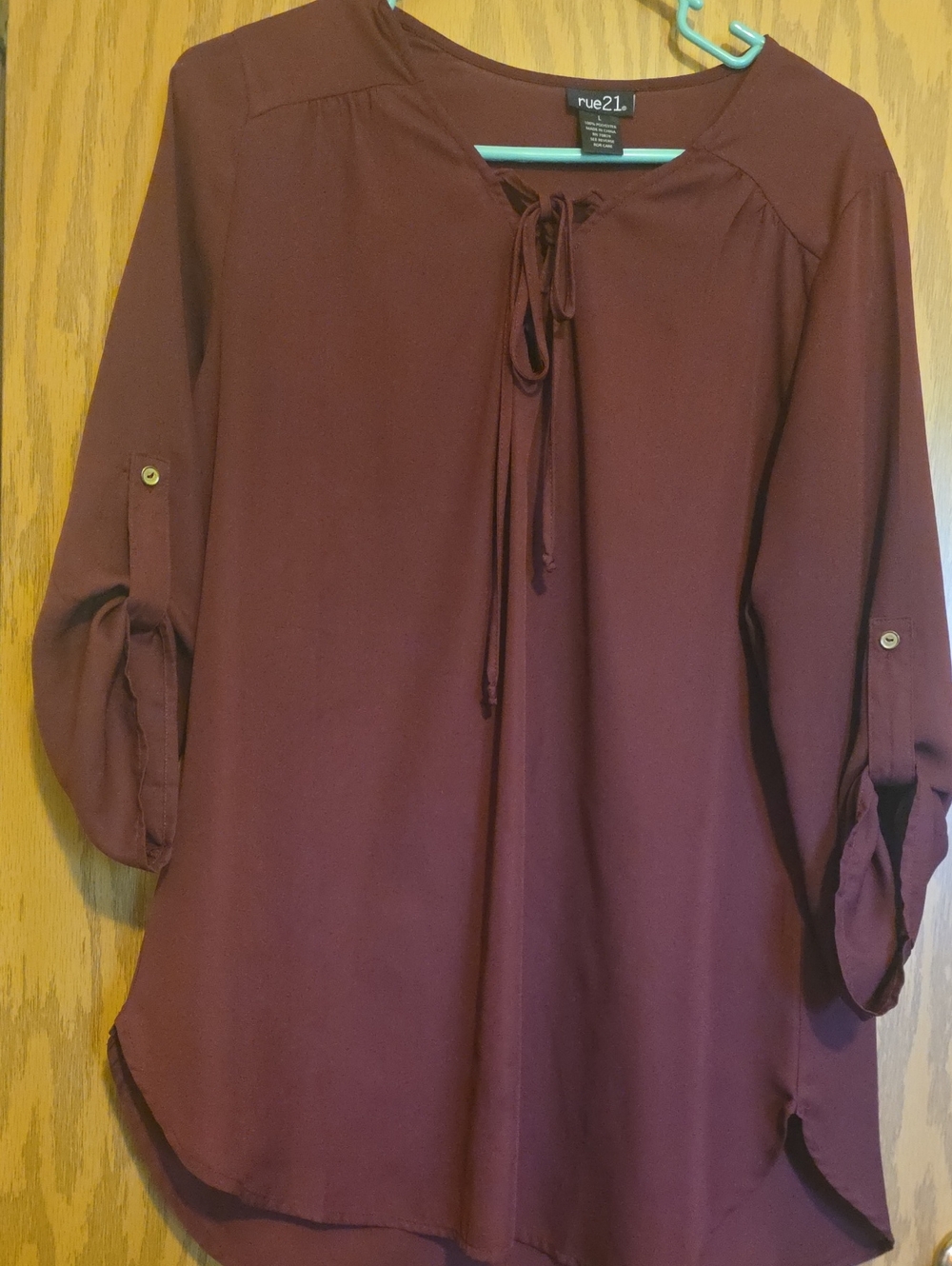 rue21 Burgundy Tie-Neck Roll-Tab Blouse